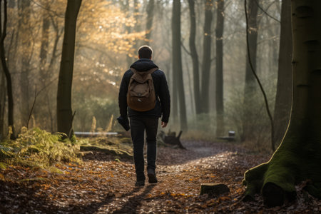 Immersed in Nature: A Mans Trek Through the Enchanting Forest --ar 3:2の素材