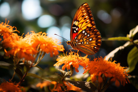 Vibrant Encounter: The Captivating Dance of an Orange Flower with a Butterflyの素材