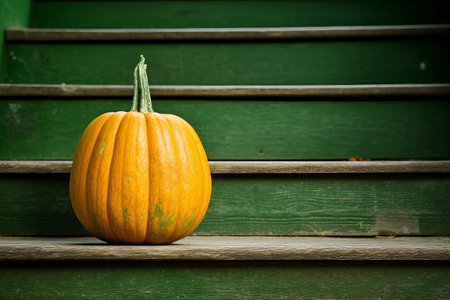 Vibrant Contrast: Orange Squash Soaking Up the Tranquility of Green Wooden Stairs --ar 3:2の素材