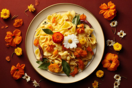 Blooming Delight: Exquisite Pasta Dish Adorned with Colorful Flowers --ar 3:2の素材