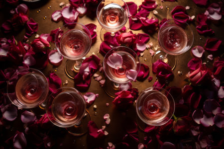 Captivating Perspective: Glasses Elegantly Adorned with Rose Petals in Overhead Shotの素材