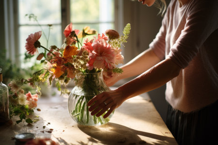 Blooming Beauty: A Person Arranging Flowers in a Glass Vase --ar 3:2の素材