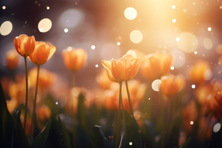 Glimmering Beauty: Orange Tulips Enveloped in Bokeh Lights --ar 3:2の素材