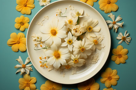 Gorgeous Array: A Captivating View of Cream and Yellow Flowers Gracefully Adorning a Plateの素材