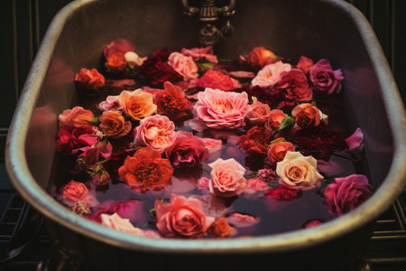 Bursting with Beauty: Vibrant Pink and Red Flowers Cascading Overhead in a Bathtub - AR 3:2の素材
