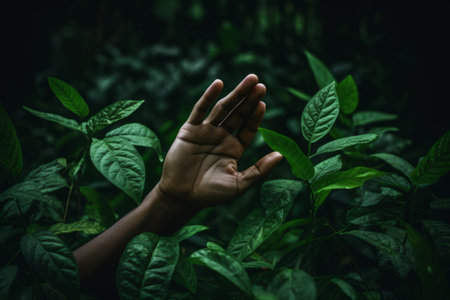 Nature Embrace: A Close Encounter of the Left Hand with Lush Green Leavesの素材