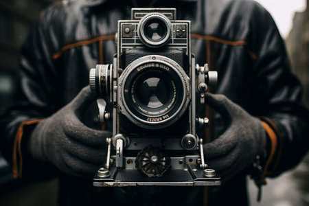 Intriguing Capture: An Individual Grasping a Black and Gray Camera in 3:2 Aspect Ratioの素材