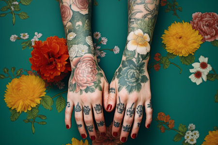 Blooming Beauty: Exquisite Flower Tattoos Grace Persons Hands Amidst Luscious Green Backgroundの素材