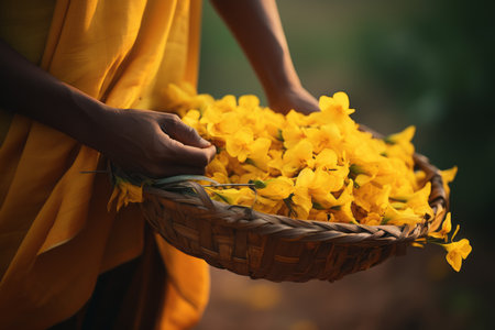 Blossoming Joy: A Compilation of Vibrant Yellow Flowers Gracefully Held in a Basketの素材