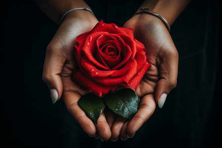 The Romantic Gesture: A Person Holding a Red Roseの素材