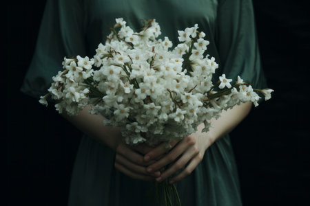 Breathtaking Portrait: Serene Person Graces the Frame, Holding White Flowers in a 3:2 Masterpieceの素材