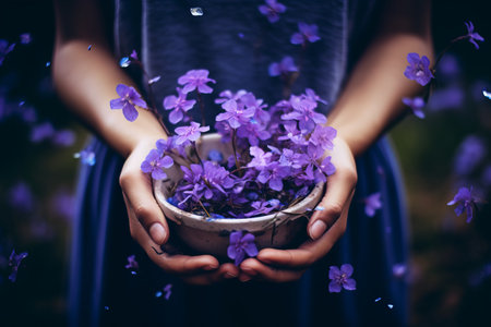 Purple Bliss: Captivating a Person Holding 3:2 AR Purple Petaled Flowersの素材
