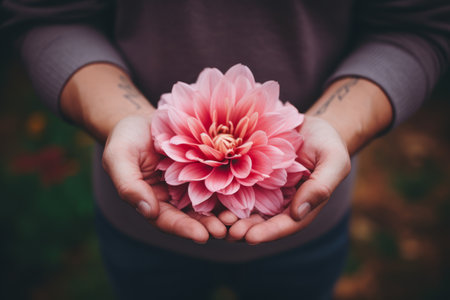 Intriguing Flora: Person Gracefully Holding a Pink Flower --ar 3:2の素材