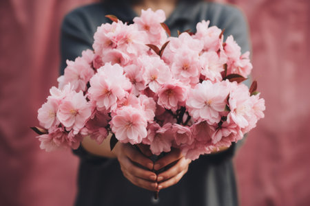 Blooming Grace: Captivating Portrayal of a Person Holding Pink Flowers -AR 3:2の素材