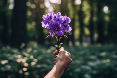 Captivating Encounter: An Intimate Perspective of a Person Grasping a Majestic Purple Flower - AR 3:の素材