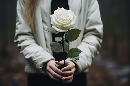 Symbolic Beauty: Enigmatic Persona Grasping a White Rose in 3:2 Aspect Ratioの素材