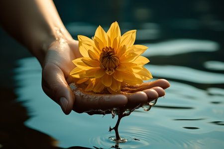 Beautiful Moment: Person Embracing Serenity with Yellow Flower on Waterの素材