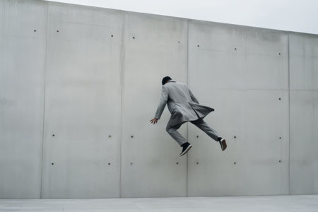 Dynamic Action: Journey of a Gray-Coated Figure Leaping Along a Gray Concrete Pathwayの素材