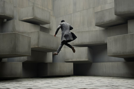 Leaping into the Monochrome World: Person in Gray Coat on Gray Concrete Pathwayの素材