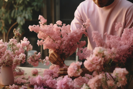 Aesthetic Encounter: A Person in a Pink Long Sleeve Shirt Artfully Arranging Flowers - AR 3:2の素材