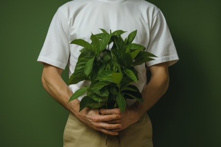 In Natures Embrace: A Person Adorned in White Shirt Holds Vibrant Green Leavesの素材