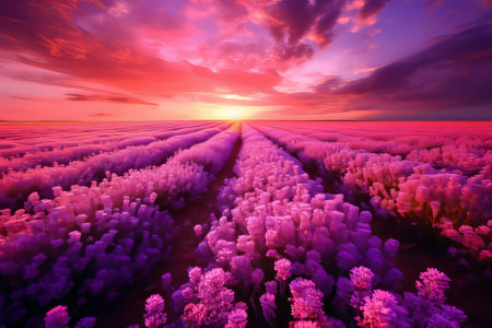 Lavender Bliss: Captivating the Beauty of a Flower Field under a Pink Skyの素材