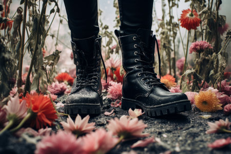 Rebel in the Meadow: Person Wearing Black Boots Boldly Tramples Flowers --ar 3:2の素材
