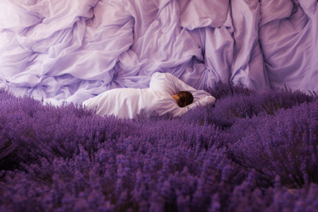 Lavender Dreams: A Person Standing amidst Blanket of Fragrant Flowersの素材