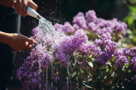 The Enchanting Dance of a Person Nurturing a Vibrant Purple Flowering Plantの素材