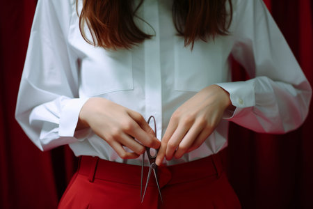 Sartorial Elegance: A Stylish Individual in a White Dress Shirt Wielding Silver and Red Scissors --aの素材