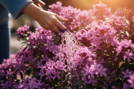 The Art of Nurturing: A Person Carefully Waters a Vibrant Purple Flowering Plantの素材