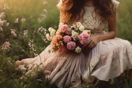 Serene Beauty: A Woman in a Dress Embraces Nature with a Bouquet of Flowersの素材