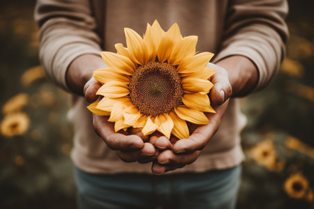 Glorious Capture: Striking 3:2 Portrait of a Person Embracing a Sunflowerの素材
