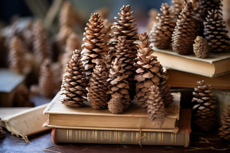 Naturally Artful: A Captivating Capture of Dried Pine Cones Adorning Stacks of Books --ar 3:2の素材