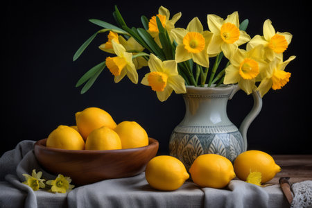 Lively Contrasts: A Captivating Snapshot of Daffodil Flowers Amidst Vibrant Yellow Lemons - AR 3:2の素材