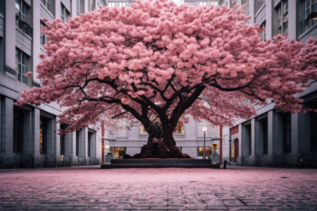 Blooming Beauty: Captivating Cherry Blossom Tree Adorns Majestic Building - AR 3:2の素材
