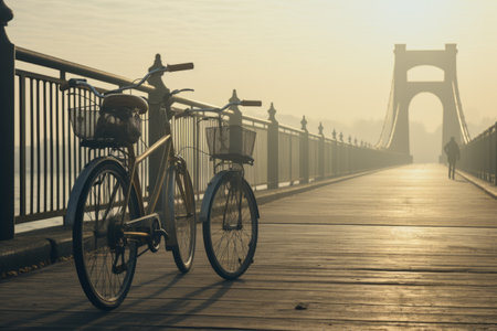Cycling Bliss: Capturing the Beauty of Bicycles Near a Bridge on a Sunny Dayの素材