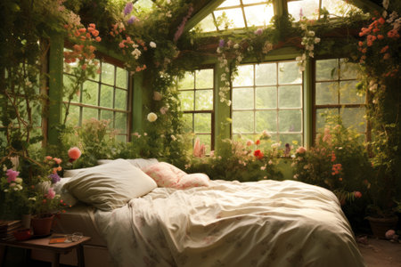 Blooming Beauty: Capturing the Serenity of a Flower-Filled Bedroomの素材