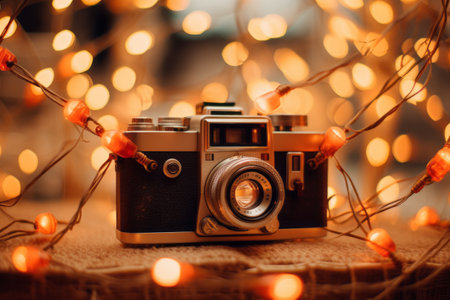 Capturing Timeless Moments: Analog Camera Enveloped in Enchanting String Lightsの素材