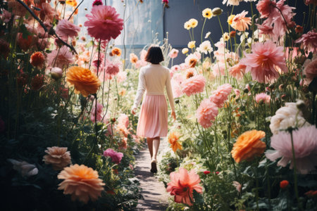 Capturing the Serenity: A Person Strolling Amidst Vibrant Flowers - AR 3:2 Photographの素材