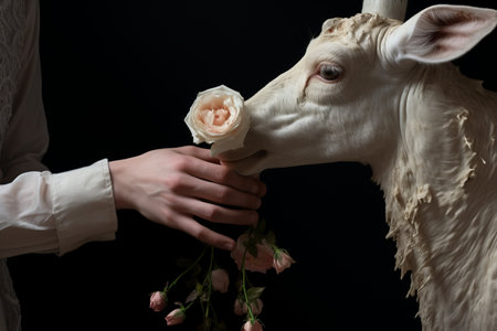 Blooming Beauty: Enchanting Portrait of a Person Holding a Flower while Feasting with a Majestic Whiの素材