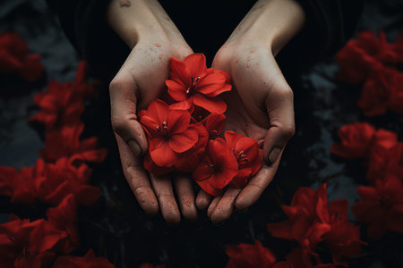 Crimson Blossoms: A Captivating Photo of Hands Tenderly Grasping Red Flowers --ar 3:2の素材