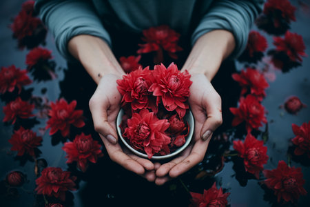 Crimson Blooms Grasped Tenderly: Capturing the Beauty of Hands and Red Flowersの素材