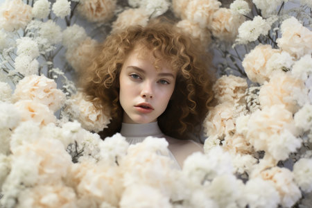 Blooming Beauty: Captivating Photo of a Woman Embraced by White Flowers in a 3:2 Frameの素材