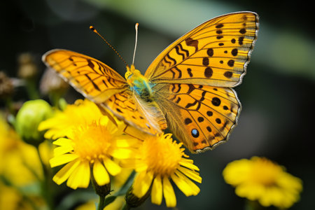 Glimpses of Nature: Capturing the Graceful Silver-Washed Fritillary Butterfly Perched on a Radiant Yの素材