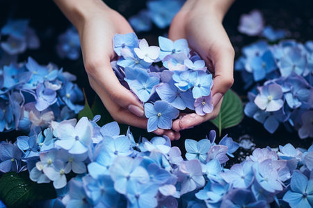Artistic Composition: Captivating Hands Skillfully Arranging Blue Hydrangea Flowersの素材
