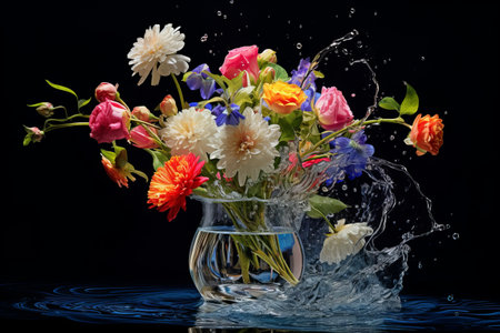 Gorgeous Floral Arrangement: Vibrant Flowers Captured in a Glass Vase Filled with Waterの素材