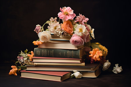 Blooming Knowledge: A Captivating Composition of Flowers Resting on a Tower of Books --ar 3:2の素材