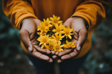 Inspiring Moments: Captivating Photo of a Hand Holding Radiant Yellow Flowersの素材