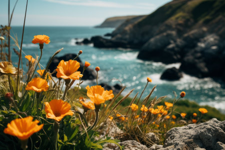 Vibrant Flora Harmony: Capturing Orange-and-Yellow Petaled Flowers on Cliff Overlooking Serene Waterの素材